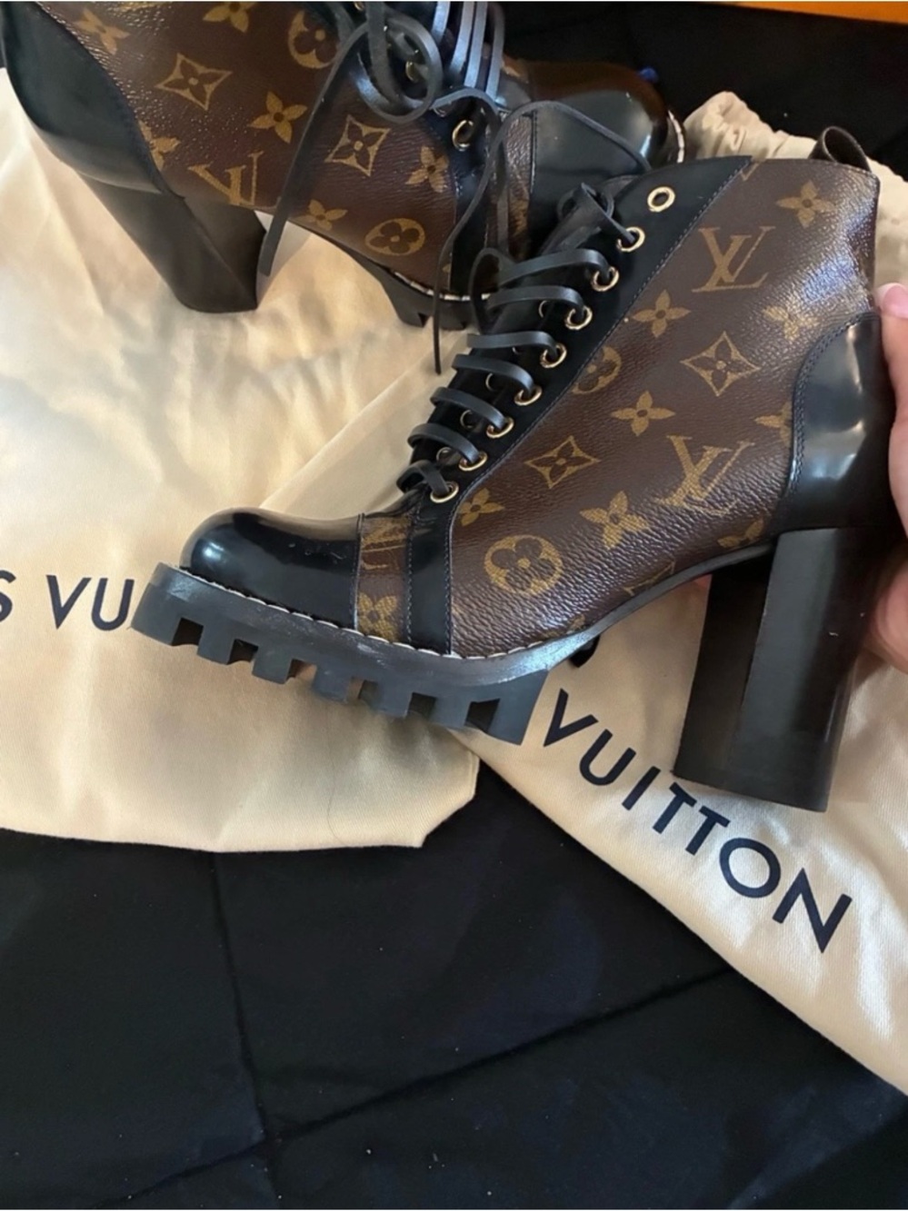 Louis Vuitton Brown Monogram Lace-Up Chunky Heel Boots - Picture 3 of 5